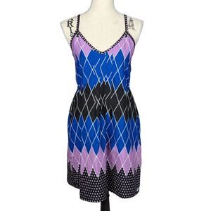 Billabong Spaghetti Strap Geometric Print Dress Black Blue Purple Large
